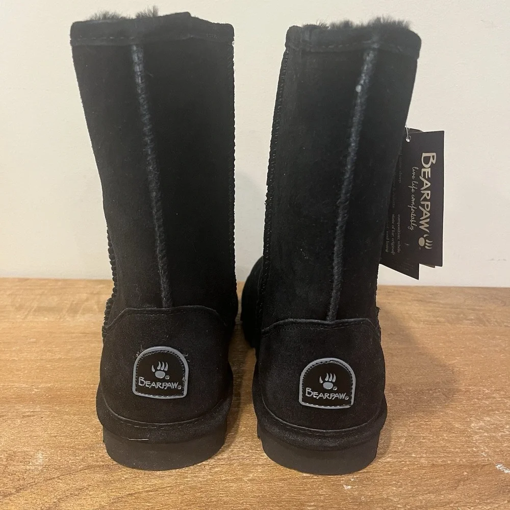 NEW Bearpaw Elle Short 1962W Black Suede Sheepskin Boots Women's Size 7 NWT Box